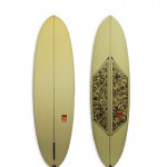 Camel Model Funboard #8671. A modern single fin egg with fabric inlay and spray.