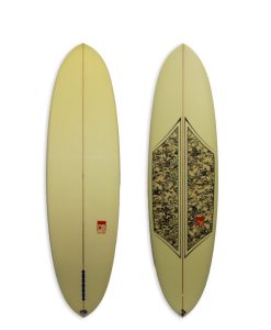 Camel Model Funboard #8671. A modern single fin egg with fabric inlay and spray.