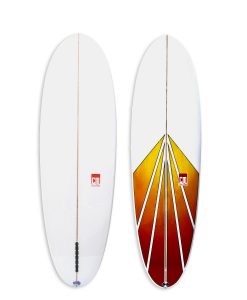 Sunn Side Up Model single fin fun board with red & yellow spray on deck.