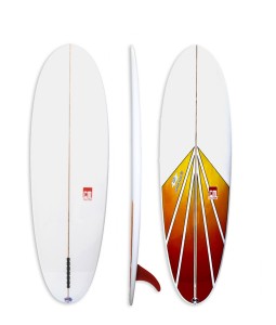 Sunny Side Up Model Egg with red & yellow spray. Single fin fun board with volume.